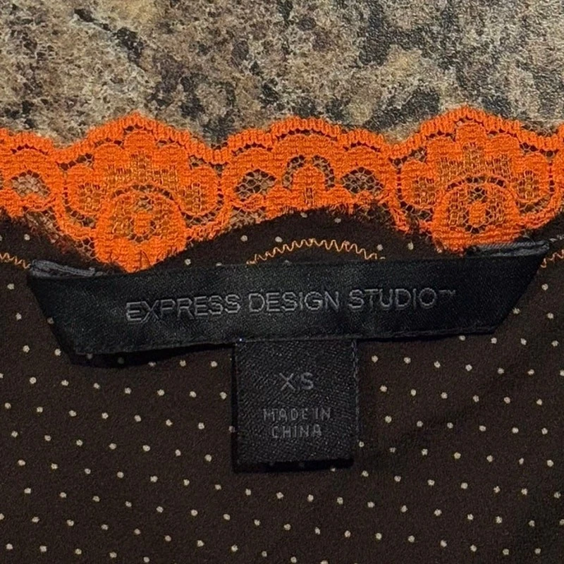 Express Tank Top Silk Y2K Babydoll Coquette Lace Trim Polka Dot Brown Orange XS - Image 2 of 4