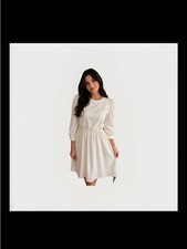 Vintage REO Lace-Trim Cream Midi Dress with Long Sleeves