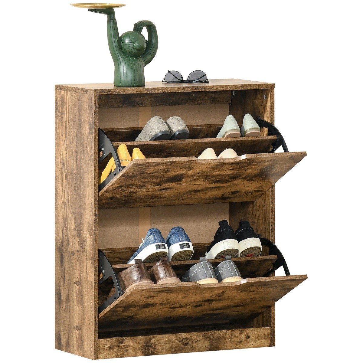 Rustic Brown Shoe Cabinet Narrow Slim Flip Drawers Industrial Unit for 12 Pairs
