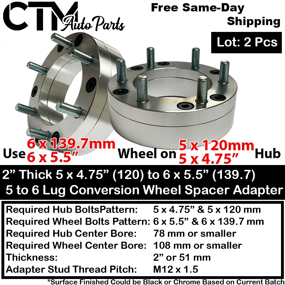 2x 2" Thick 5x4.75 to 6x5.5 Conversion Wheel Spacer Adapter Jaguar Aston Martin
