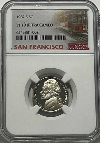 1982 S NGC PF70 ULTRA CAMEO CLAD PROOF JEFFERSON NICKEL 5C TROLLEY LABEL