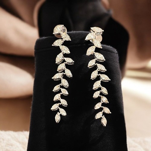 0.78 TCW Round Brilliant Cut Diamonds Illusion Dangle Earrings Hallmark 14K Gold - Picture 1 of 11