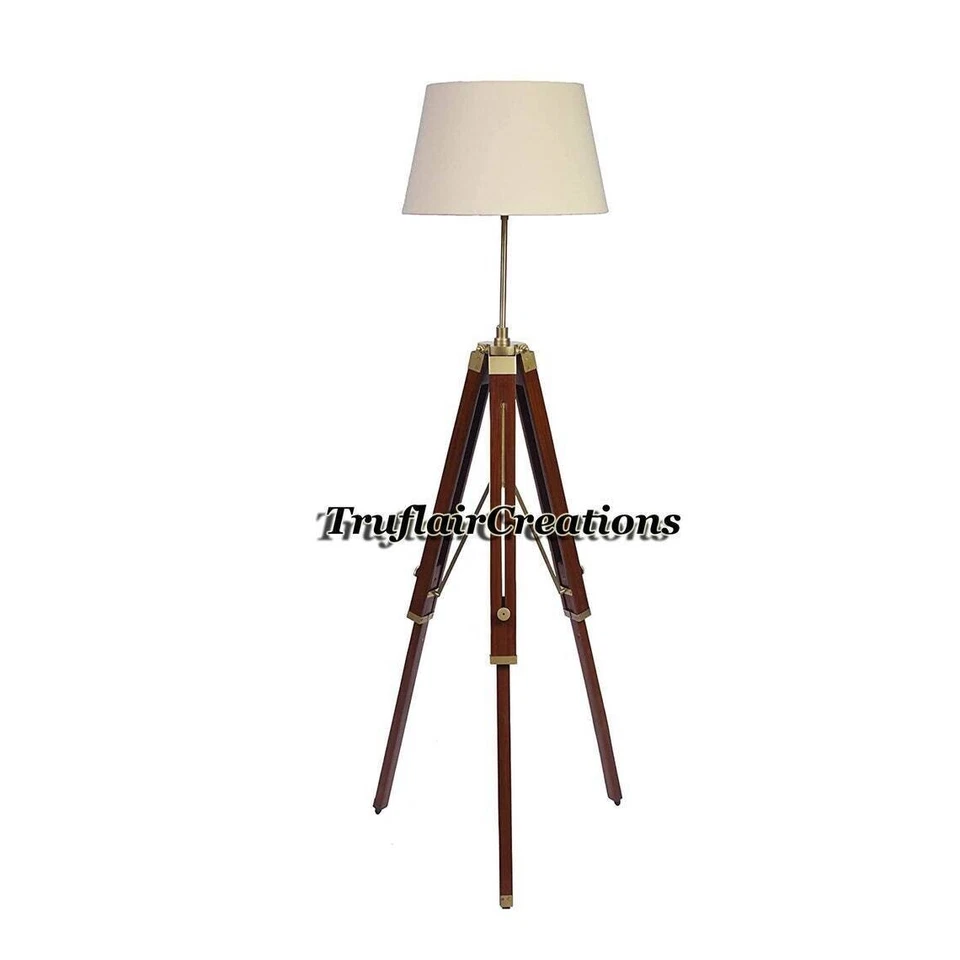 Tripod Floor Lamp Standing Wooden Brown Polished Brass Antique Gold Adjustable - Image 3 of 4