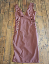 Iris BODYCON DRESS (Size Medium) BROWN Lace-Up Sides Sleeveless STRETCH VNeck