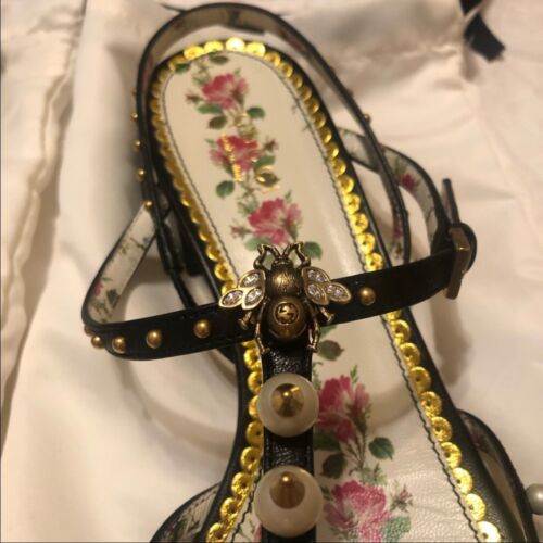 Gucci Strappy Black Sandals RARE W/ Pearls, Studs, Bees 37.5 - Picture 7 of 9