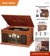 6-in-1 Bluetooth Record Player Mahogany 3-Speed Turntable Multimedia Music Sy...