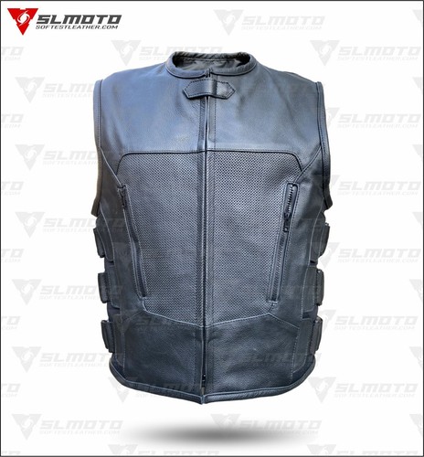 Icon Style Men's Genuine Cow Leather perforated Biker Motorcycle Vest Waistcoat - Picture 4 of 8