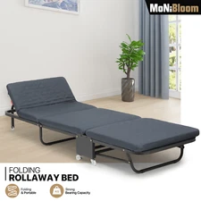 Grey Foldable Rolling Cot Adjustable Backrest Reclinable Sleeping Bed w/Mattress