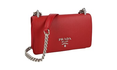 PRADA SAFFIANO SCHULTER TASCHE HANDTASCHE 1BD144 ROT CHROM SILBERNEU