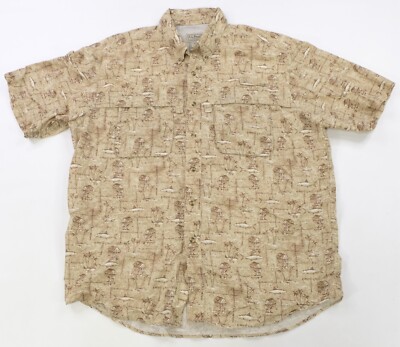 Rare VTG L.L. BEAN Ocean Fish Hut Mesh Lined Short Sleeve Camp Shirt 90s Beige L