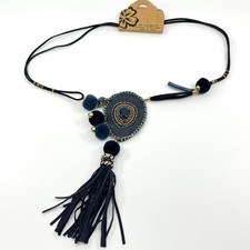 VTG Boho Blue Faux Suede Tassel Necklace Beaded Statement Pendant, Pom Pom Retro