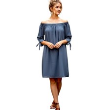 ince Camuto Navy Off Shoulder Dress 6 3/4 Tie Sleeve Cocktail Sheath EUC
