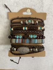 LEATHER BEAD BRACELET TURQUOISE  SILVER SET OF 6 WITH WOOD BEADS