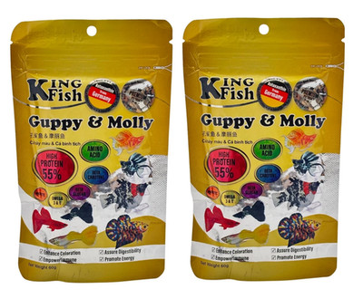 2x KING FISH GUPPY & MOLLY 60g Premium Fish Food High Protein For Balloon Molly