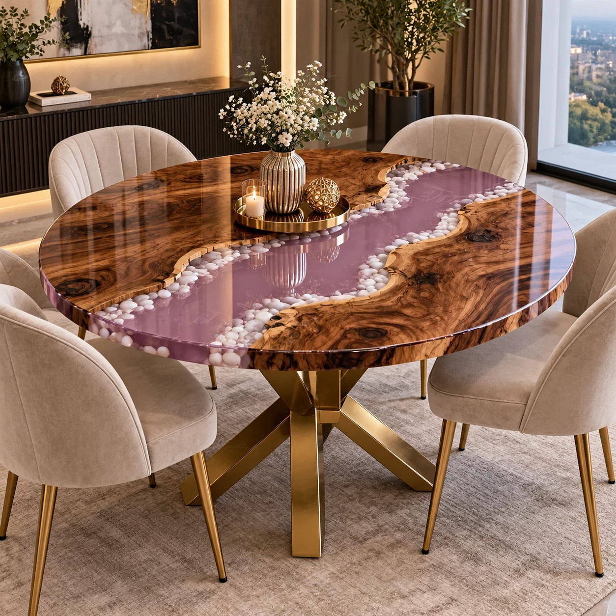 Round Walnut Wood Mauve Purple Epoxy Resin River Dining Table Pebbles