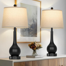 Set of 2 Touch Control 26" Black Table Lamps with USB Ports  LED Bulbs