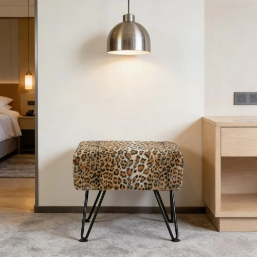 Leopard Cheetah Print Faux Fur Ottoman Bench Footrest Stool Living Room Decor - product listing photo