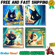 Amzdiyfun 4 Pack Paint by Numbers Kit for Adults Framed - Black Cat Paint by