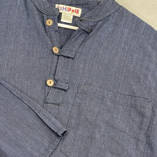 Made in Nepal Mens 4XL 100% Cotton Soft Long Sleeve Navy Blue Tunic Hippie Boho