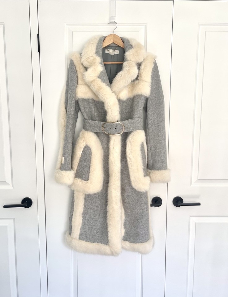 Stella McCartney Faux Fur & Wool Blend Grey & Cream Coat Size 38 RRP $2500