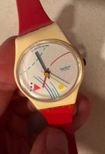 Vintage Swatch Wristwatch Ladies Red White Colorful Geometric Works