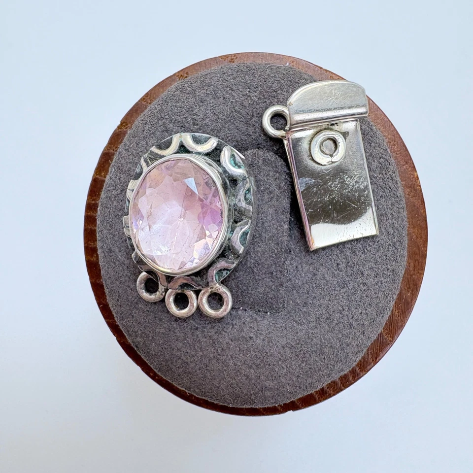 VTG Sterling Silver 925 Triple Strand Box Clasp Pink Gemstone Bezel Set 1" x .50 - Image 3 of 4