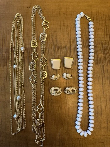 Vintage 90’s Goldtone & Ivory Long Necklaces, Beaded Necklace, 3 Earrings