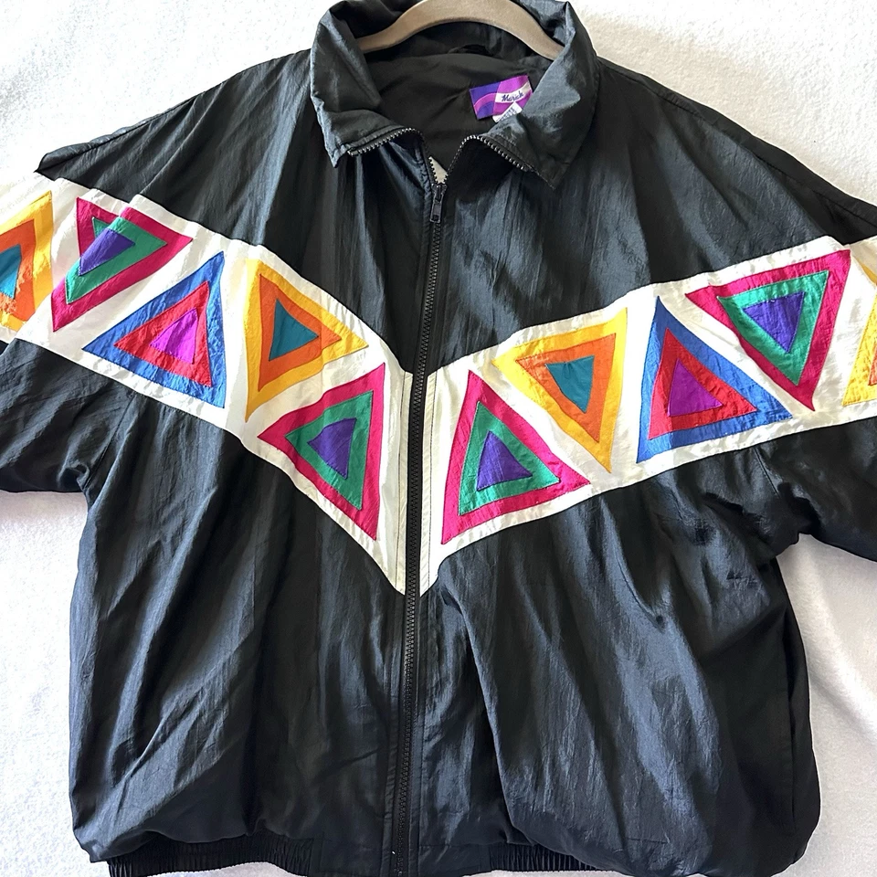 Chaqueta cortavientos Mariah Carey para mujer L grande de colección años 90 neón geo negra Hong Kong Foto 3 de 4
