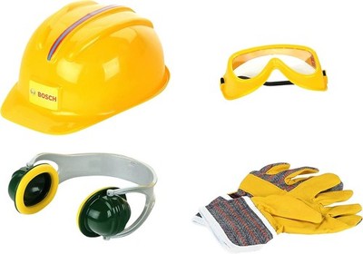 Bosch Kinder Spielzeug Zubehör Set Helm Brille Handschuhe Ohrenschützer ab 3 J