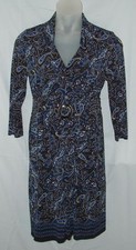 CHAPS Black Paisley Sz Large Church Office Stretch Jersey Knit Belted Dress