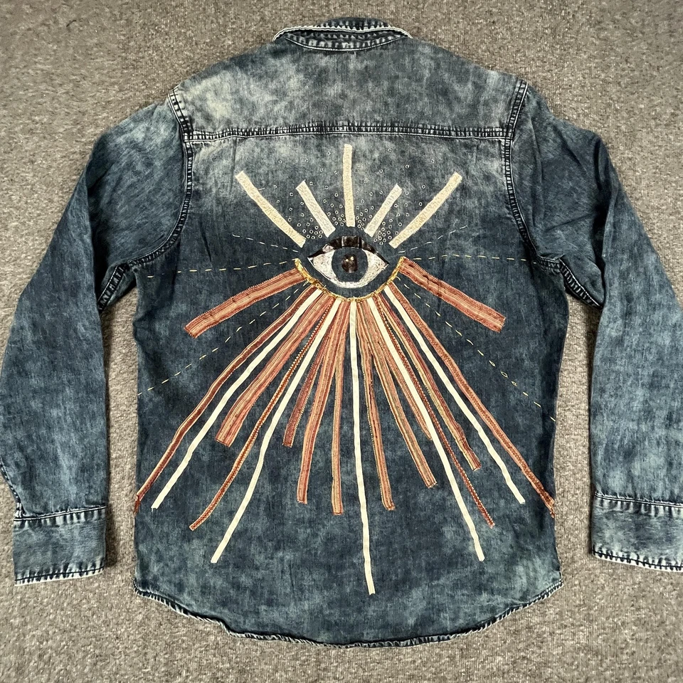 INC International Concepts Shirt Mens Medium Blue Denim Eye Sun Embroidered Y2K - image 3 of 4