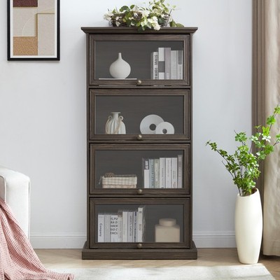 4 Tier Glass Display Cabinet Antique MDF Glass Flip Up Glass Doors Cabinet