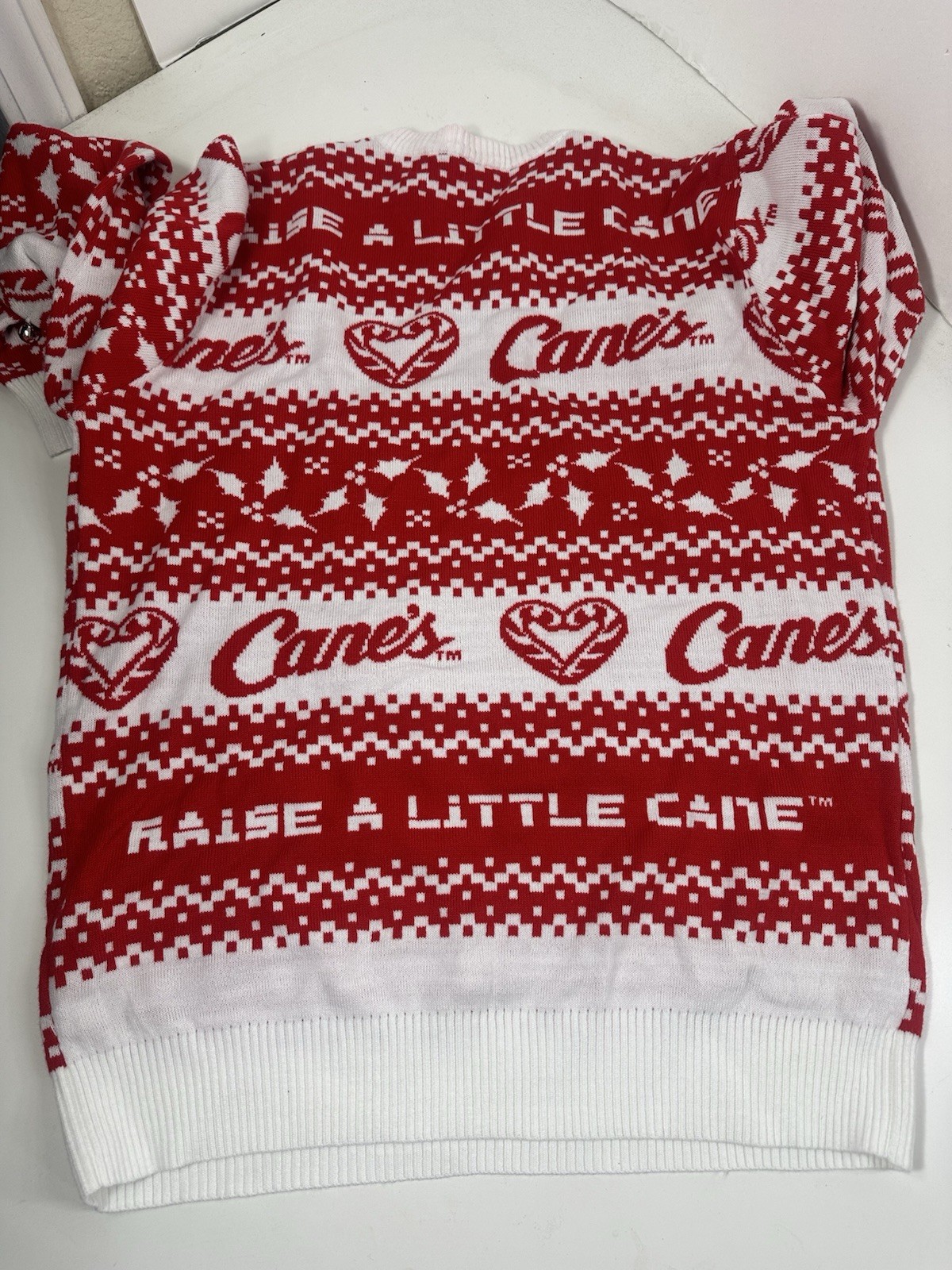 Raising Cane’s Xmas Sweater L Red White Cane Dog Ugly Holiday Jingle Bells 3D