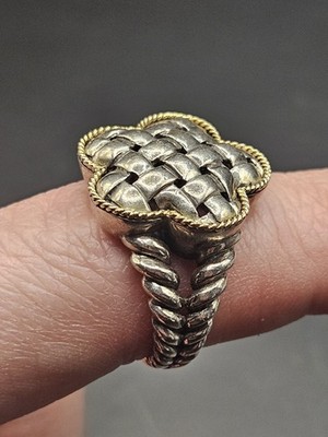 Handwerker Sterlingsilber & massiver 18K Gold Korbgeflecht Zopf Kleeblatt Ring Größe 7