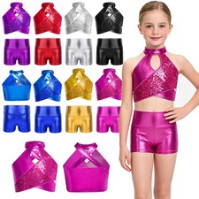 Girls Glitter 2pcs Jazz Hip Hop Dance Outfits Sequin Sleeveless Top with Shorts