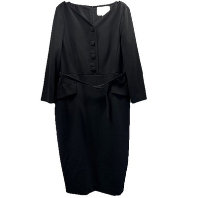 L K Bennett London Dress Size 10 Solid Black Belted Buttons 3/4 Sleeves Pullover