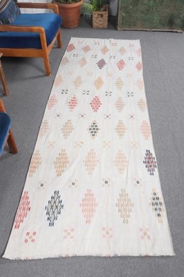 Turkish Runner Rug, 3x8,7 ft Vintage Rug, White Plants & trees Wool Rug