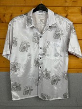 Thai Silk Mens Dragon Print Silk Shirt Size L White Short Sleeve Button Up Apple