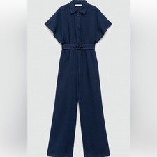 Mango Chambray Blue Belted Jumpsuit NWT