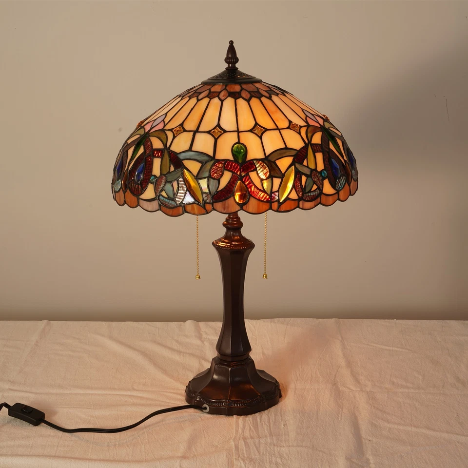 Tiffany Lamps Stained Glass Table Lamp, 2-Lights Antique Brown Red Desk Light - Image 2 of 4