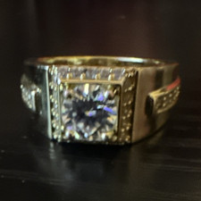 Mens Yellow Gold Tone Band Ring Square White ...