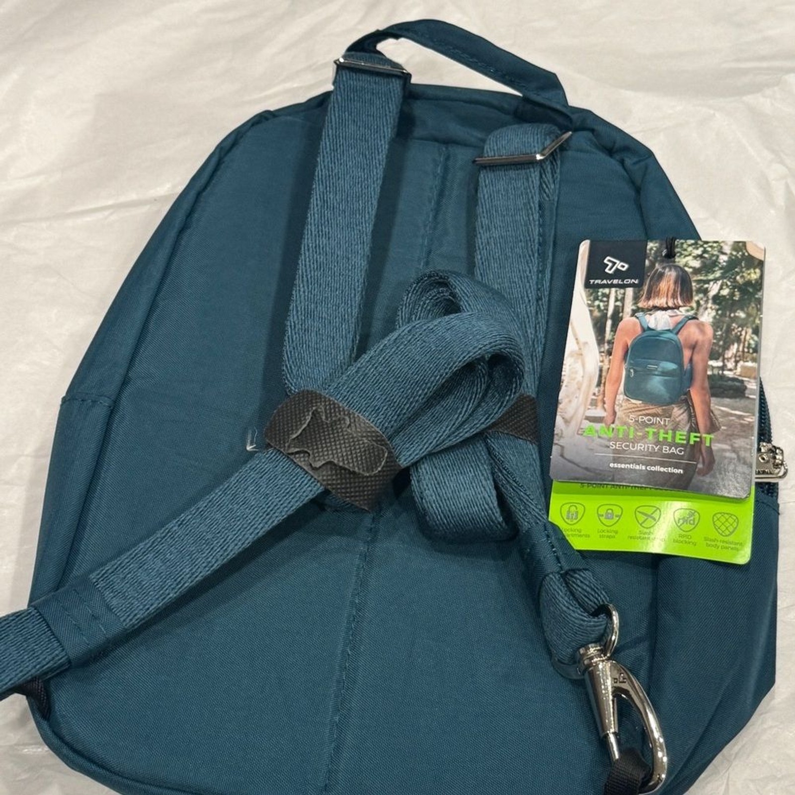 Travelon Anti-Theft Essentials Backpack Teal Peacock RFID Pockets LED Travel bag thumbnail 14