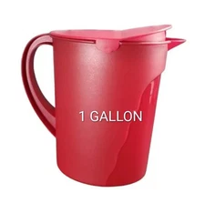 Tupperware 1 Gal Red  Pitcher  Rocker Lid  Decorative Side  View                