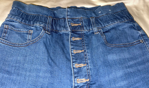 WOMEN'S EXPRESS M/M stretch JEAN SHORTS 5 BUTTON'S (high waisted) PRE-OWNED - Picture 2 of 6