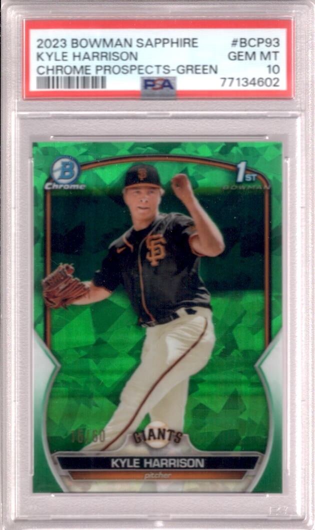 KYLE HARRISON 2023 Bowman Chrome Sapphire 1st #93 PSA 10 Green Refractor #15/60