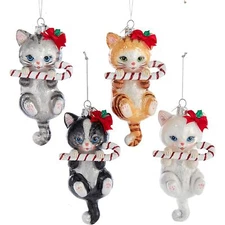 Kurt Adler Noble Gems Glass Cat With Candy Cane Ornaments, Assorted (Pack of 4)