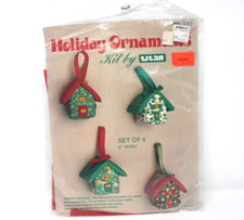 vintage 1981 4 Holiday 3" Ornaments TITAN felt kit cabins houses flowers bird