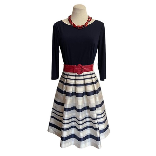 Jessica Howard Pleated Fit & Flare Blue White Dress Size 6 - Picture 2 of 7
