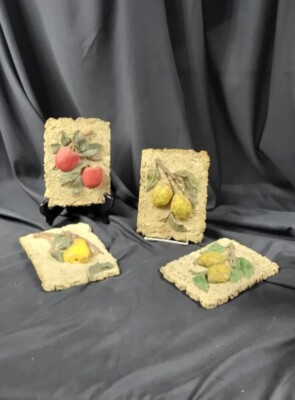 Set Of 4 Resin Fruit Tree Decor Wall Plaques Tiles, Vintage Rustic Ready To Hang