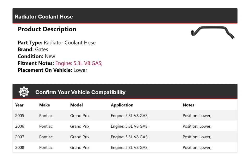 Manguera de refrigerante de radiador de gas V8 5,3 L para Pontiac Grand Prix 2005-2008 puertas inferiores Foto 2 de 4